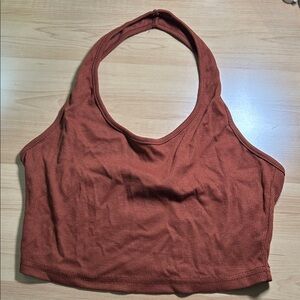 Brown Halter Neck Ribbed Crop Top